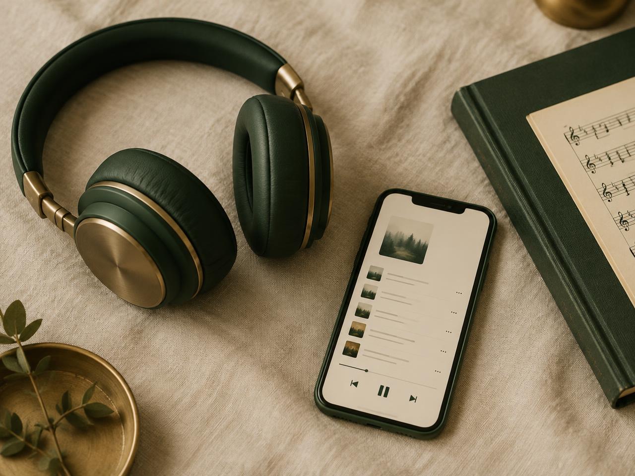 Headphones and a phone showing a list of practice tracks beside a songbook