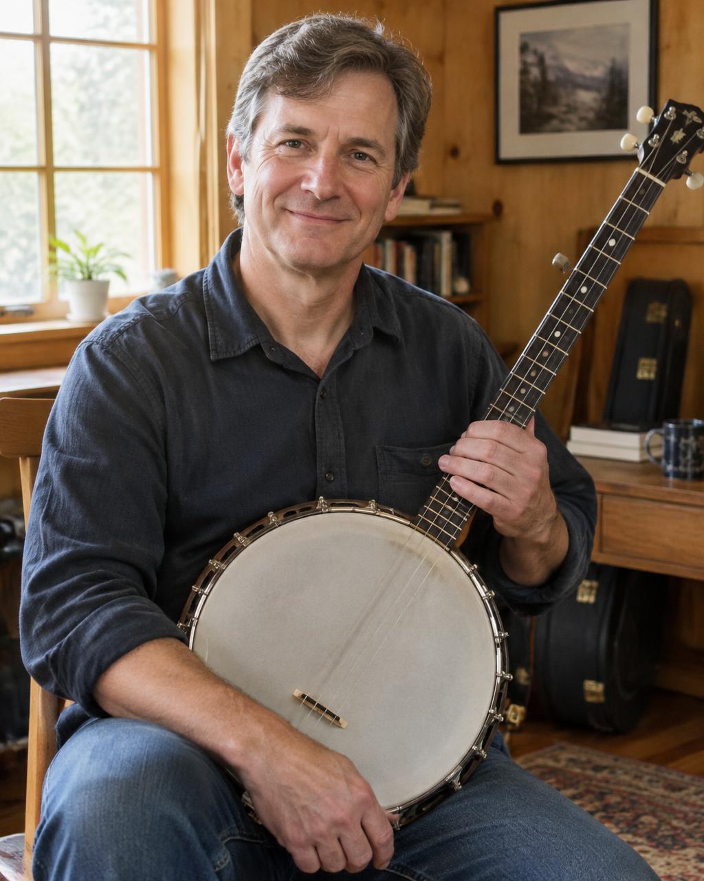 Illustrative portrait of an adult holding a five-string banjo in a calm practice room