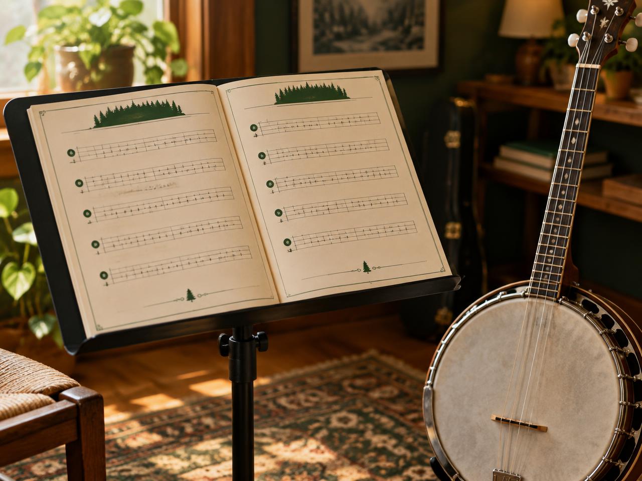 Practice book pages on a music stand next to a banjo