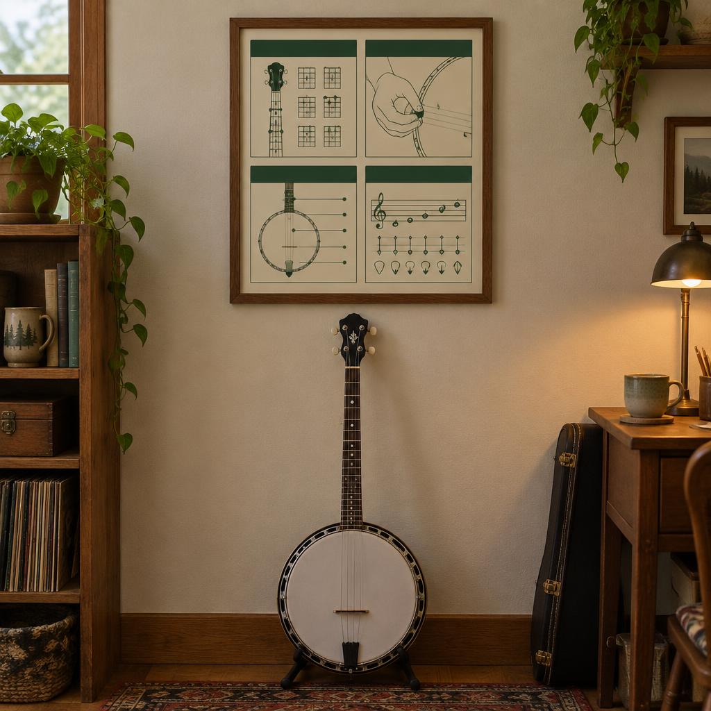 Framed printable reference sheet with four sections above a banjo