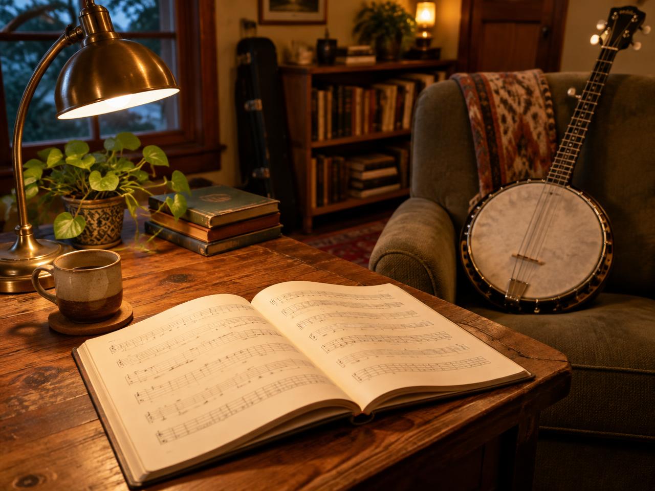 Open songbook on a wooden table in a warm practice room with a banjo