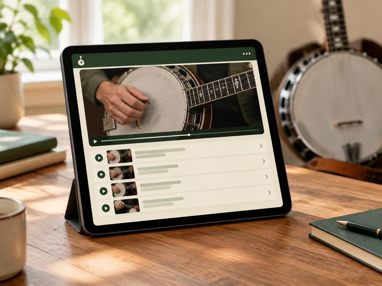 Tablet showing a banjo video lesson and a simple lesson list